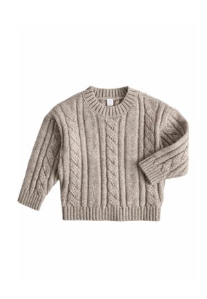 Beige gebreide trui met kabelpatroon, geribde boorden, zoom en ronde hals, geschikt voor een peuter van 9 tot 12 maanden.