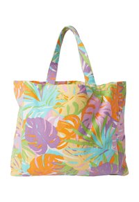 Sac fourre-tout en tissu, présentant un motif de feuilles tropicales vibrantes dans des couleurs pastel : vert, orange, rose et violet. Deux anses assorties.