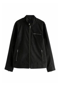 Schwarze Jacke aus Stoff mit glatter Textur, verfügt über einen Stehkragen, einen zentralen Reißverschluss und drei Reißverschlusstaschen.