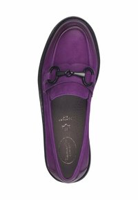 Purple leather loafer with rounded toe, black accents on the strap, and perforated insole. Smooth texture with subtle stitching details.
