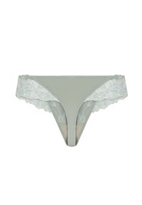 Lingerie vert clair avec broderies florales, une texture lisse et des bords festonnés, présentant un design de string classique.