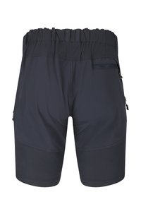 Sorte atletikshorts med elastisk taljebånd, bæltestropper og lynlåslommer bagpå og i siden, designet til udendørs aktiviteter.