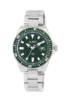 Quartz wristwatch features a green dial, stainless steel case, and bracelet. Marked with white hour markers and a date display at 3 o'clock.