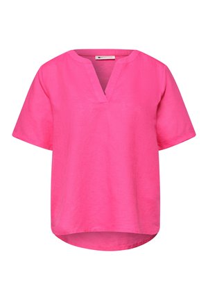 Felroze blouse met korte mouwen, V-vormige inkeping in de halslijn en een losse pasvorm, iets langer aan de achterkant.