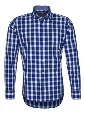 Langärmliges Hemd mit Knopfleiste und blau-schwarz-weiß kariertem Muster und spitzem Kragen.