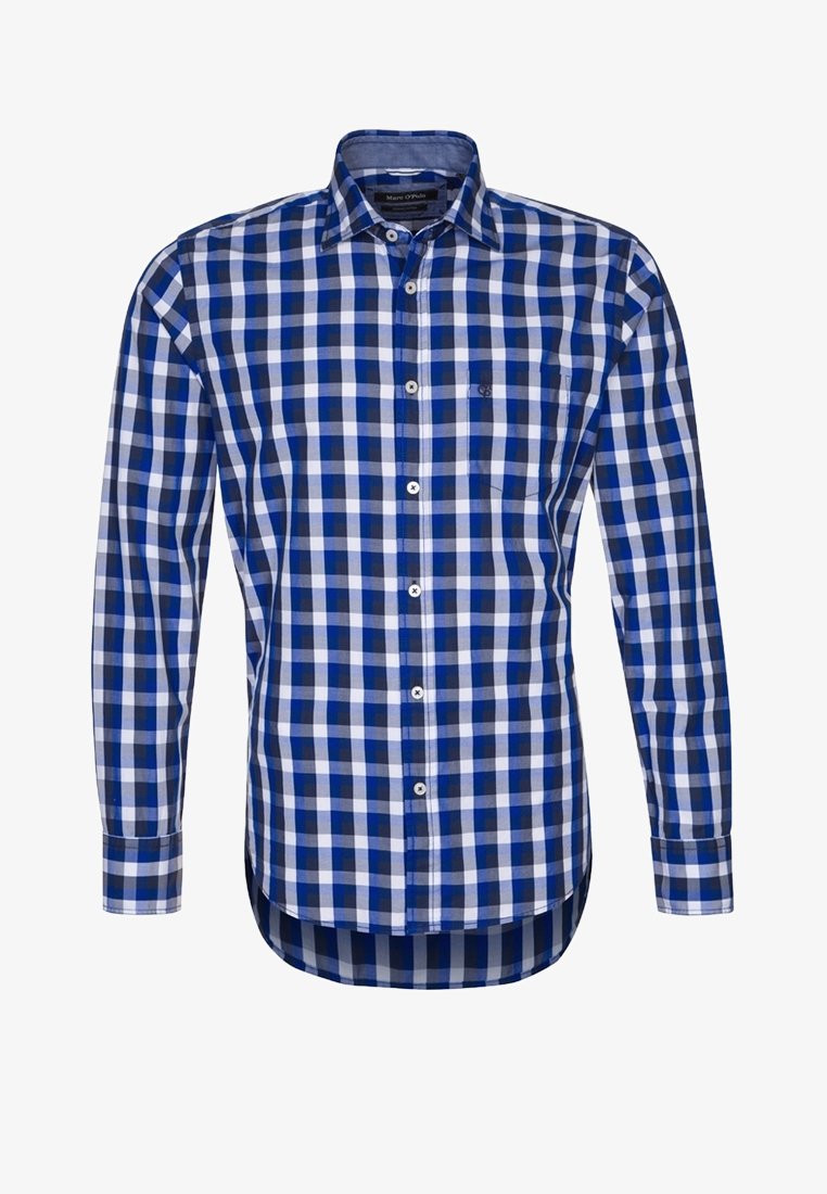 Chemise à manches longues avec boutons, motif à carreaux bleu, noir et blanc, col pointu.