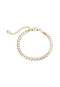 Złota bransoletka z połączonymi charmsami w kształcie serca, z regulowanym łańcuszkiem i zapięciem na jednym końcu.