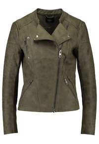 Olivgrüne Bikerjacke im Stil mit asymmetrischem Frontreißverschluss, Reißverschlusstaschen, gesteppten Schulter- und Ärmelpartien sowie Druckknopfkragen.