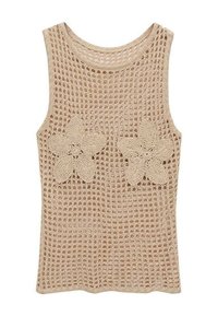 Short beige crochet tank top with a loose mesh design, featuring two large, detailed floral appliqués on the chest.
