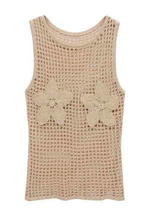 Short beige crochet tank top with a loose mesh design, featuring two large, detailed floral appliqués on the chest.