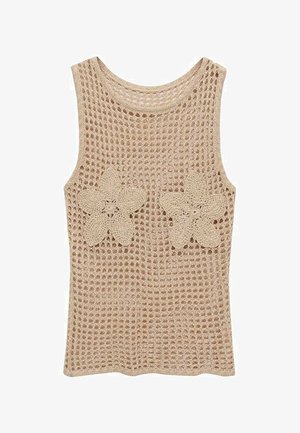 Krátký béžový háčkovaný top s volným síťovým designem, který má na hrudi dvě velké, detailní květinové aplikace.