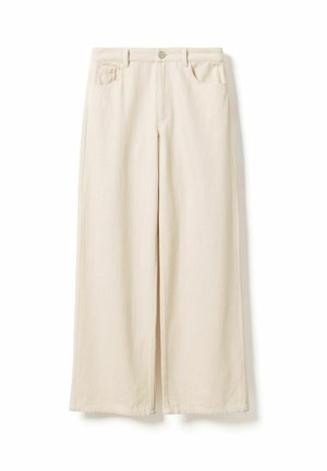 Krémové nohavice s širokými nohavicami, predným gombíkom, pútkami na opasok a prednými aj mincovými vreckami, zobrazené na bielom pozadí.