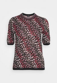 Kurzärmliger gestrickter Pullover mit schwarzem Grundton, verziert mit pinken und roten Blumenmustern, abgerundet mit einem gerippten Rundhalsausschnitt und Bündchen.