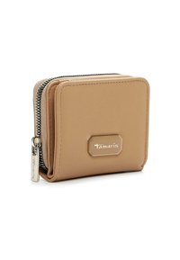 Beige faux leather wallet with a textured surface, zip closure, and a gold-tone brand logo plate on the front. Compact, square design.