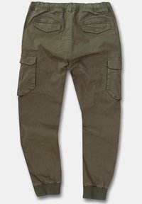 Olivgrüne Cargo-Hosen mit einem elastischen Bund, zwei seitlichen Taschen und gerippten Bündchen. Hergestellt aus strapazierfähigem Stoff mit einer glatten Textur.