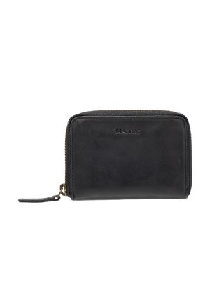 Portafoglio in pelle nera con chiusura a zip. Presenta bordi cuciti e un piccolo tassello in pelle. Design minimalista con marchio impresso sulla parte anteriore.