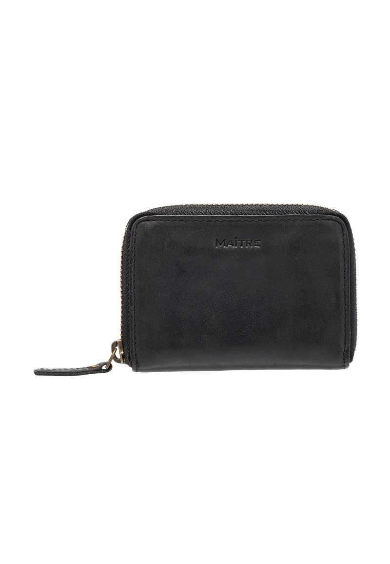 Portafoglio in pelle nera con chiusura a zip. Presenta bordi cuciti e un piccolo tassello in pelle. Design minimalista con marchio impresso sulla parte anteriore.