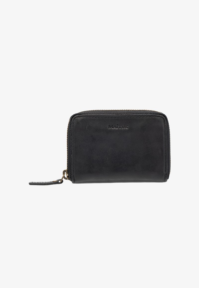 Portafoglio in pelle nera con chiusura a zip. Presenta bordi cuciti e un piccolo tassello in pelle. Design minimalista con marchio impresso sulla parte anteriore.