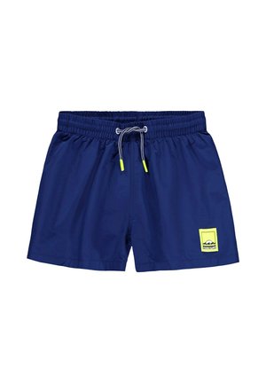 Granatowe szorty kąpielowe z elastycznym paskiem i sznurkiem. Z przyszytą jaskrawożółtą naszywką z logo marki oraz kontrastującymi neonowymi akcentami.