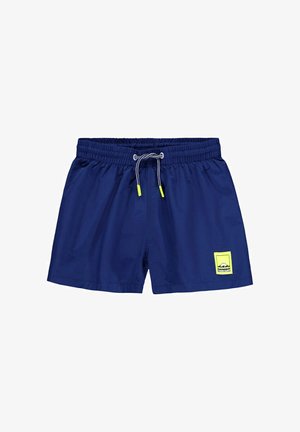 Costume da bagno blu navy con vita elastica e coulisse. Presenta una patch con il logo del marchio giallo brillante e dettagli a contrasto in neon.