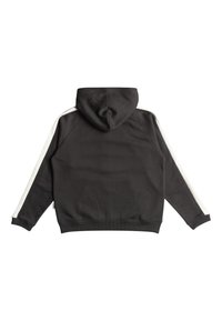 Sudadera de color gris oscuro con una franja blanca en los hombros y las mangas, que cuenta con capucha, puños acanalados y una textura suave.