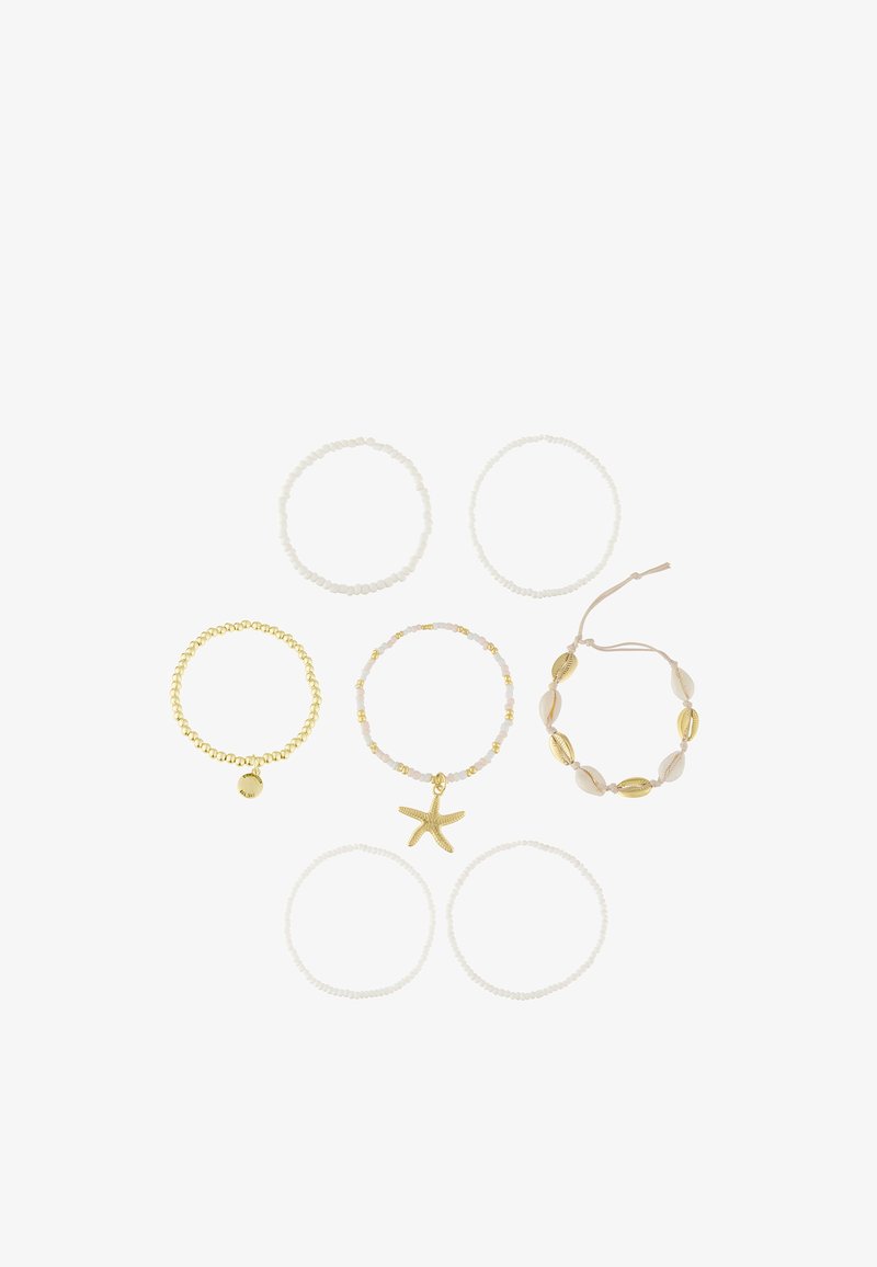 Set of six bracelets: two clear bead bracelets, one gold bead bracelet, one starfish charm bracelet, and one seashell accent bracelet.