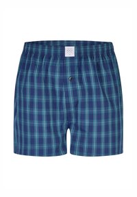 Męskie bokserki w kratę w kolorach ciemnoniebieskim i zielonym, z elastycznym pasem, pojedynczym zapięciem na guzik oraz miękką bawełnianą fakturą.