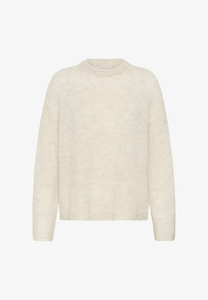 Krém színű, kötött pulóver kerek nyakkivágással, leengedett vállakkal és puha, texturált felülettel. Egyszerű kialakítás, minták vagy díszítések nélkül.