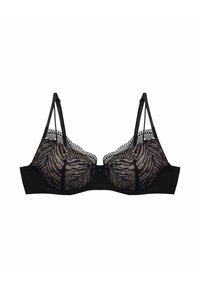 Schwarzer Spitzen-BH mit einem Blumenmuster, der halbtransparente Cups, verstellbare Träger und ein fester Unterband für zusätzlichen Halt bietet.
