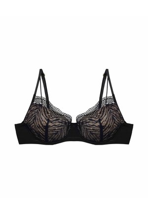 Schwarzer Spitzen-BH mit einem Blumenmuster, der halbtransparente Cups, verstellbare Träger und ein fester Unterband für zusätzlichen Halt bietet.