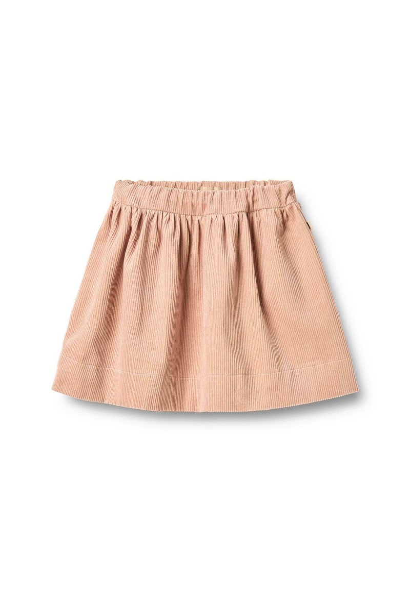 Gonna in corduroy rosa chiaro con elastico in vita, caratterizzata da una texture arricciata e una forma svasata. L'orlo è rifinito per bordi puliti.