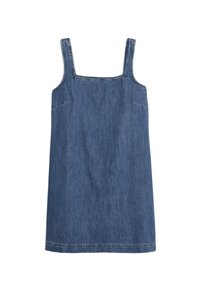 Denim jurk met een vierkante halslijn, schouderbanden en twee zijzakken. Middelblauwe kleur met een gladde textuur en een gestikte zoom.