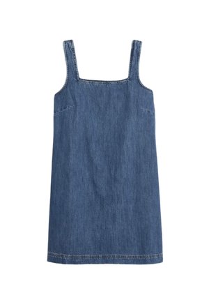 Denim jurk met een vierkante halslijn, schouderbanden en twee zijzakken. Middelblauwe kleur met een gladde textuur en een gestikte zoom.