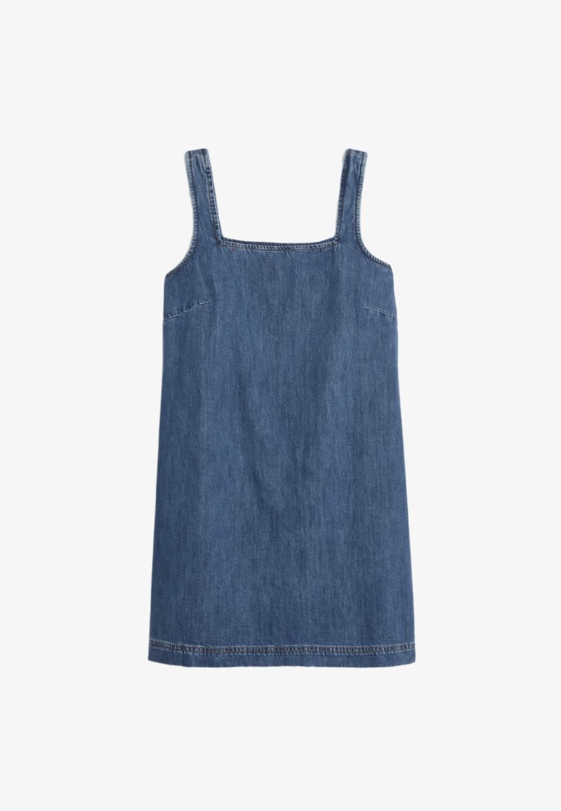 Denim jurk met een vierkante halslijn, schouderbanden en twee zijzakken. Middelblauwe kleur met een gladde textuur en een gestikte zoom.