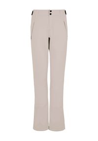 Helle beige Hosen aus einem glatten, dehnbaren Material. Sie verfügen über eine taillierte Taille, zwei vordere Reißverschlusstaschen und eine leichte Ausstülpung an den Knöcheln.