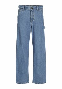 Jeans in denim blu chiaro con vestibilità rilassata, dotati di gambe dritte, passanti per cintura e cuciture a contrasto. Classico design a cinque tasche.