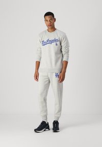 Gray sweatshirt with "Los Angeles" blue print; matching gray sweatpants with blue accent. Model wears black athletic shoes.