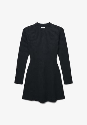 Abito in maglia a coste nera con maniche lunghe, scollatura rotonda, corsetto aderente, gonna a ruota e una sottile texture in tutto l'abito.