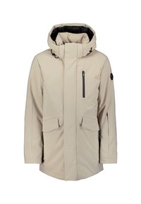 Beige waterdichte jas met verstelbare capuchon, ritssluiting aan de voorkant en meerdere zakken. Glad textuur met contrasterende zwarte accenten.