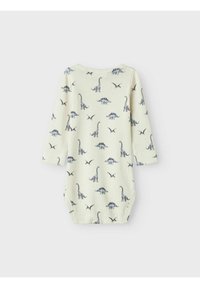 Duguljasti bodysuit za bebe s dugim rukavima u svijetložutoj boji s printom dinosaura i pterosaurusa u sivoj boji, s okruglim izrezom i kopčanjem na dnu.