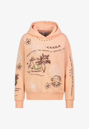 Pfirsichfarbener Hoodie mit tropischen Drucken, darunter Palmen, Blumen, Muscheln und motivierende Texte wie "Alles, wovon du träumst, kommt" und "Lerne und wachse".