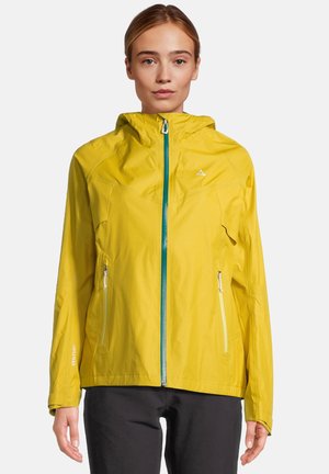 Yellow waterproof jacket with a hood, featuring a front zipper in teal and two side pockets. Lightweight fabric with a smooth texture.