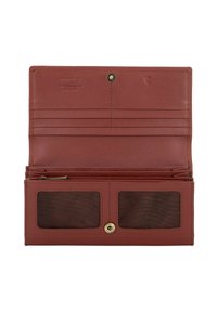 Brązowy skórzany portfel z wieloma miejscami na karty, przezroczystymi oknami na identyfikator oraz kieszenią zapinaną na zamek. Posiada zapięcie na zatrzask i gładką fakturę.