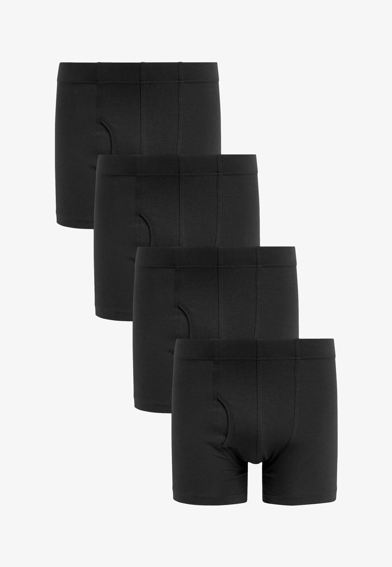 Schwarze Boxershorts, aus Baumwollmaterial, körpernahe Passform, flacher Bund, mit Öffnung vorne, vier Stück ausgelegt, glatte Textur, ohne Muster.