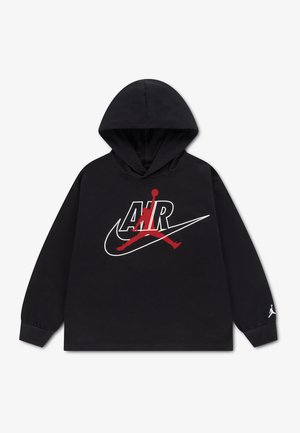 Schwarzes Kapuzen-Sweatshirt mit großem Frontgrafik des Wortes „AIR“, einer roten Jumpman-Silhouette und einem weißen Nike-Swoosh.