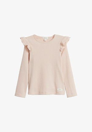 Hellrosa langärmliges Oberteil mit geripptem Muster, das Rüschenakzente an den Schultern und ein kleines Etikett am Saum aufweist. Weiches, lässiges Design.