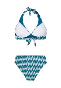 Bikini-setti, joka sisältää kauluksella olevan yläosan, jossa on turkoosi ja valkoinen sahalaitakuvi, erottuvat valkoiset kupit ja siihen sopiva korkea vyötäröinen alaosa.