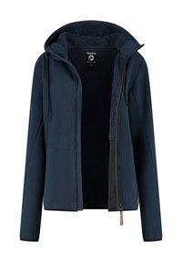 Marineblauwe rits-hoodie met een getextureerde breisel buitenkant en een zachte fleece binnenkant, met een capuchon met trekkoorden en lange mouwen.