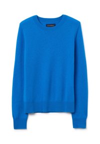 Blauwe lichte gebreide sweater met een ronde hals en lange mouwen, voorzien van ribgebreide mouwuiteinden en onderrand. Etiket leest "PIOMBO."