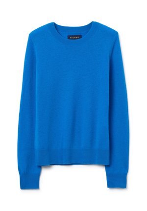 Maglione leggero blu lavorato a maglia con scollo rotondo e maniche lunghe, caratterizzato da polsini e orlo a costine. L'etichetta riporta "PIOMBO."